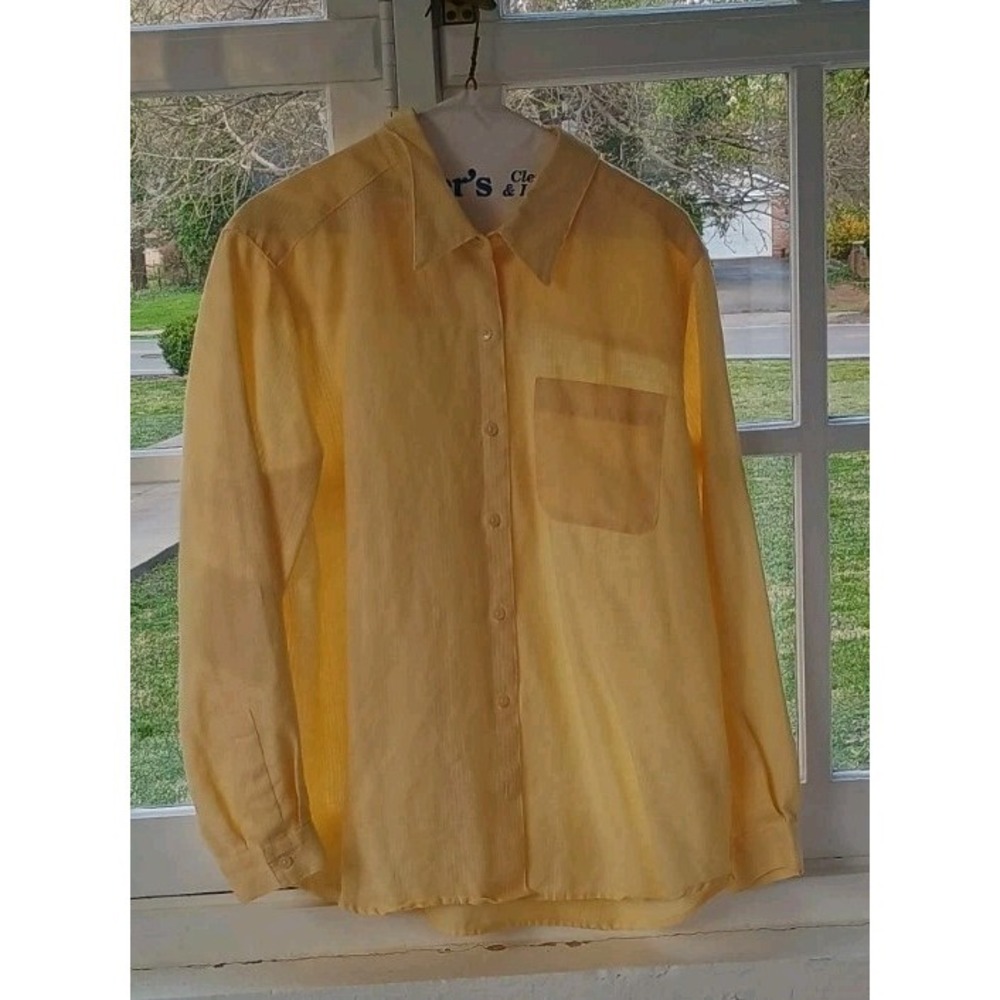 Liz Claiborne LizSport Women's‎ Petite 100% Linen Shirt Pale Yellow Button Up PL
